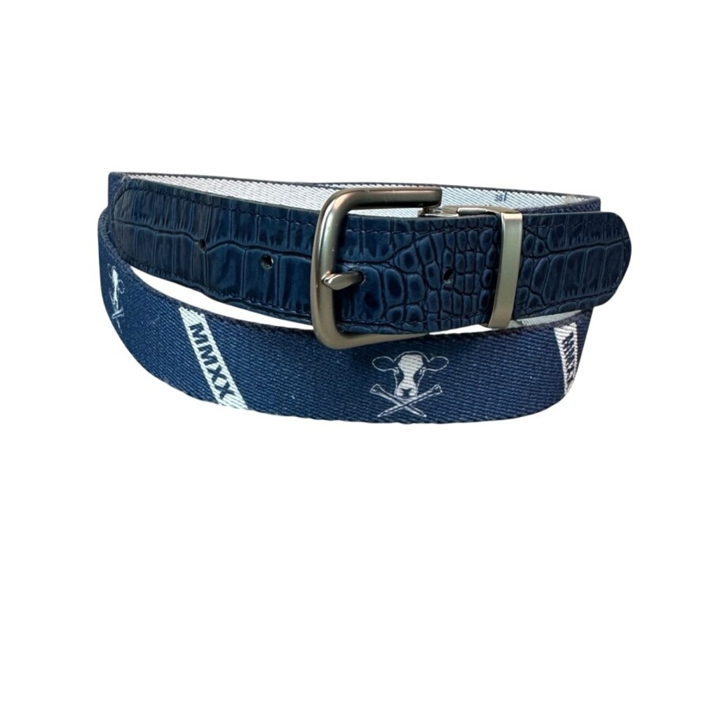 Doc Murphy Mens Navy Blue Canvas Leather Golf Belt Cow Crossbones MMXX 50 Inch